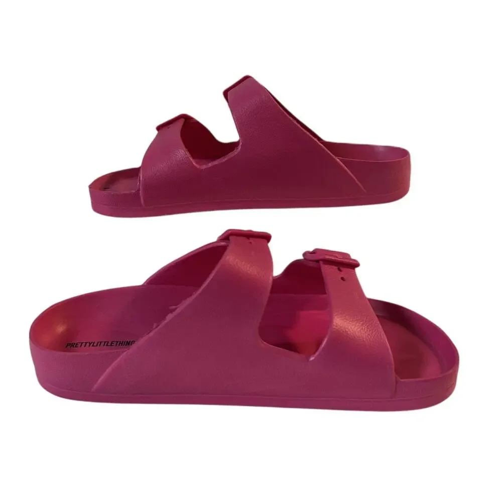 New In Bag PrettyLittleThing Bright Pink Wide Fit Buckle Footbed EVA Sliders-US5 - Picture 6 of 8